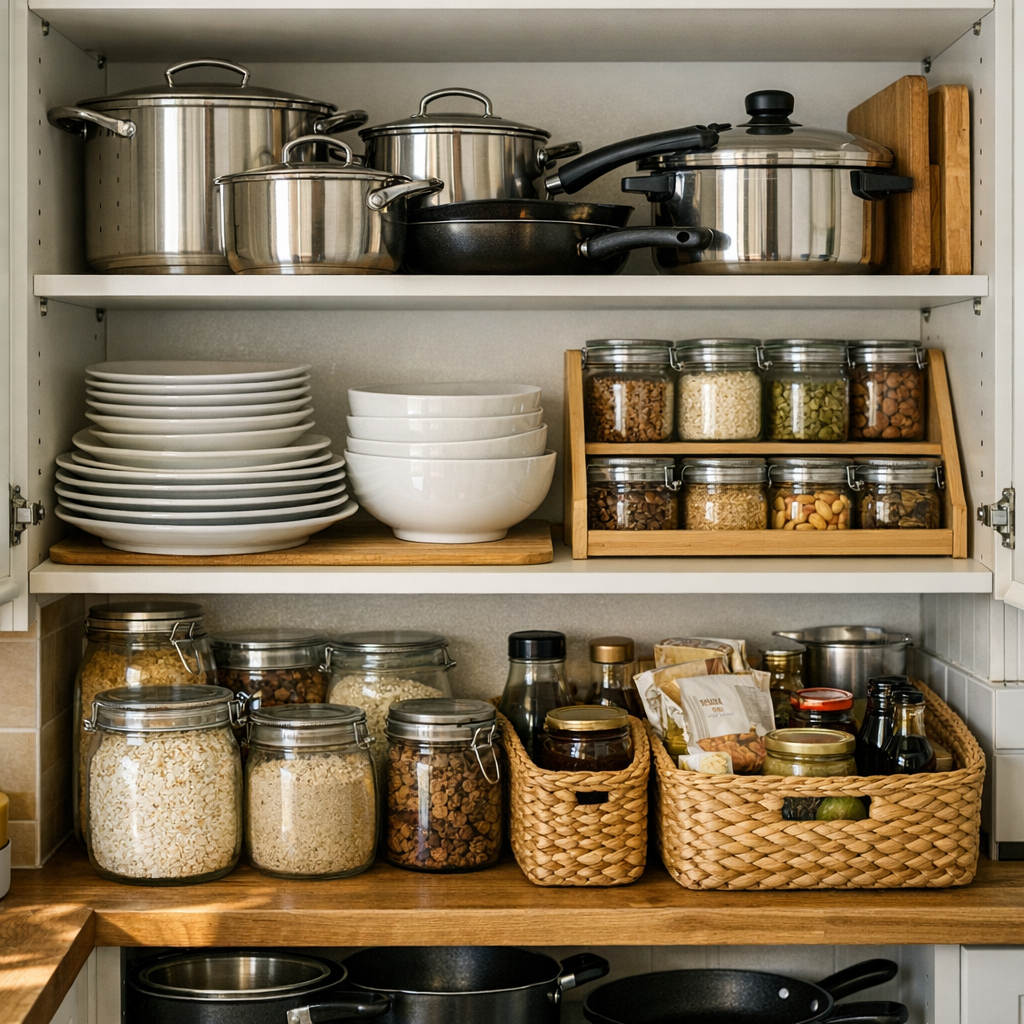 Como organizar armário de cozinha pequeno com panelas, pratos, potes de vidro e cestas organizadoras