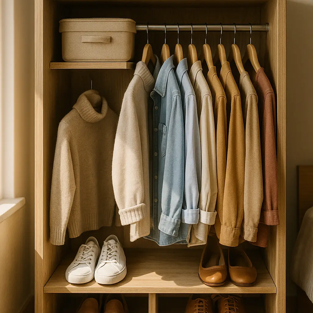 Como organizar guarda-roupa pequeno: guia simples com casacos, camisas alinhadas, caixa organizadora e sapatos no guarda-roupa