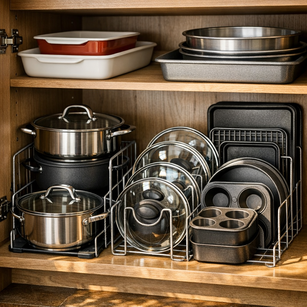 Como organizar panelas no armário com prateleiras cheias de panelas, tampas e formas em suportes metálicos