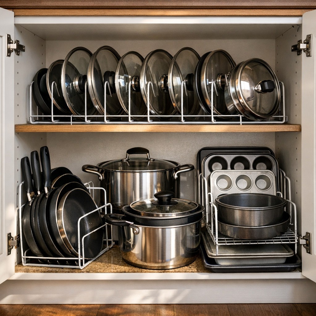Como organizar panelas no armário com tampas, panelas, frigideiras e formas alinhadas em suportes dentro de armário branco