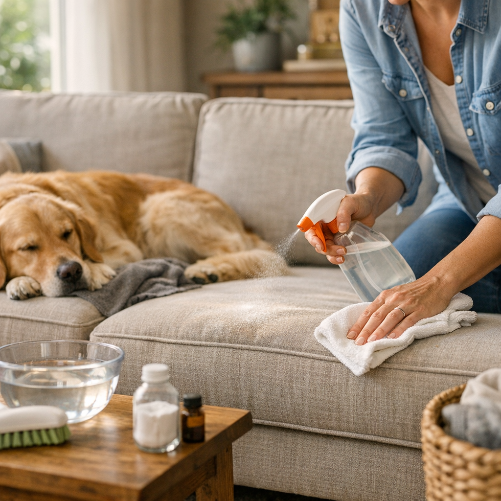 Como tirar cheiro de cachorro do sofá com mulher borrifando produto e limpando estofado
