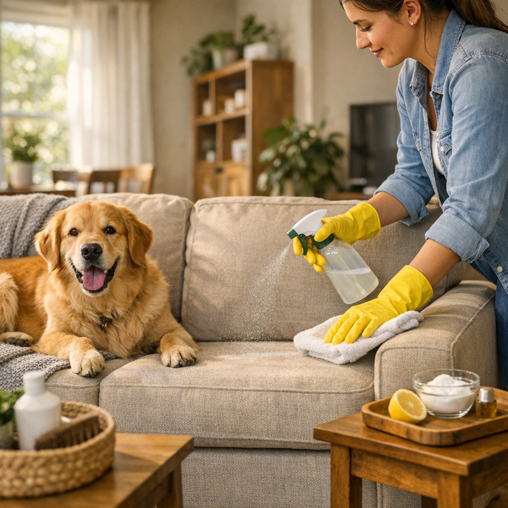 Como tirar cheiro de cachorro do sofá com mulher limpando estofado ao lado do cão