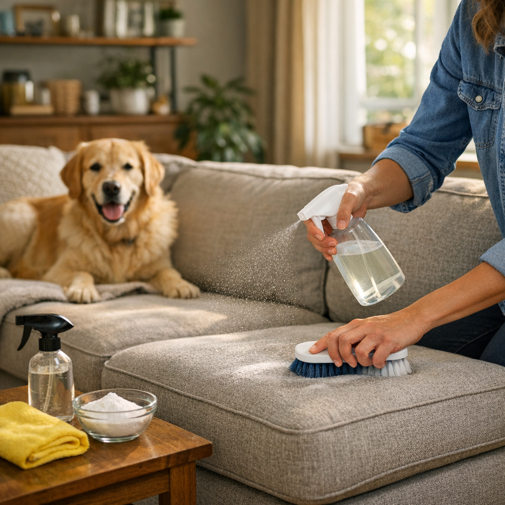 Como tirar cheiro de cachorro do sofá com pessoa esfregando almofada com escova e borrifando produto ao lado do cão