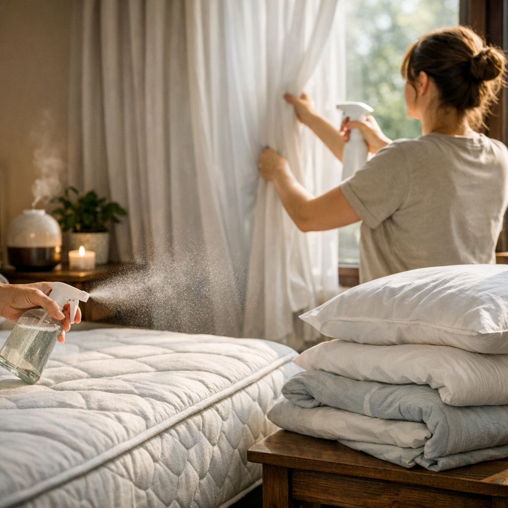 Como tirar cheiro de cigarro do colchão rápido borrifando spray no colchão e na cortina