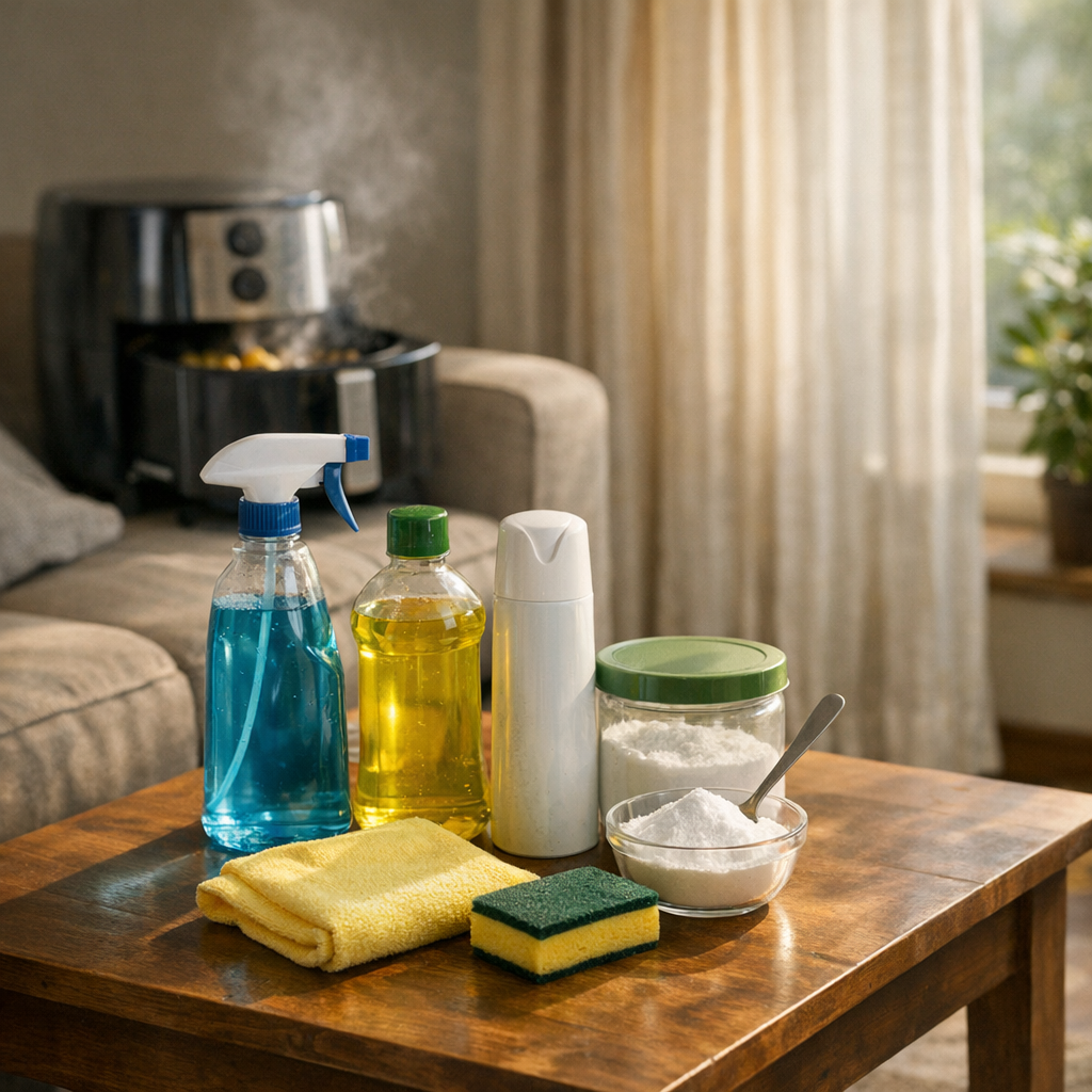 Como tirar cheiro de comida frita da sala e da cortina com produtos de limpeza na mesa e fritadeira ao fundo