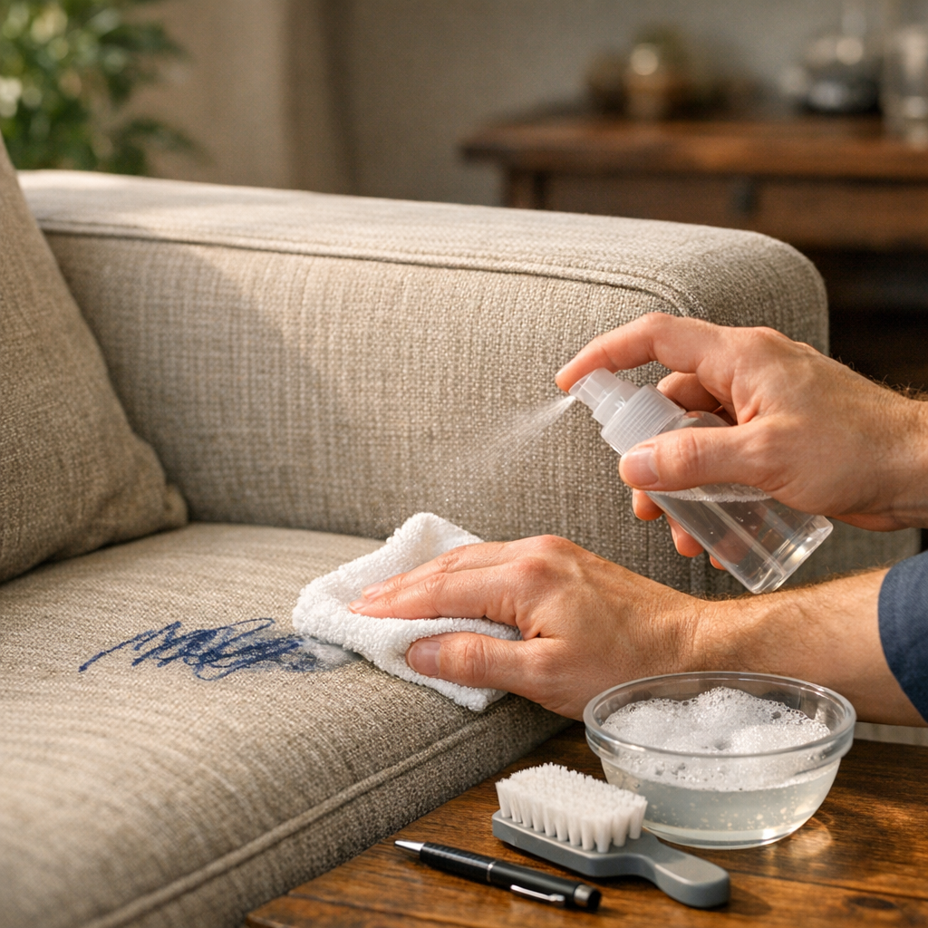 Como tirar mancha de caneta do sofá rápido usando borrifador, pano branco, escova e sabão em sofá claro