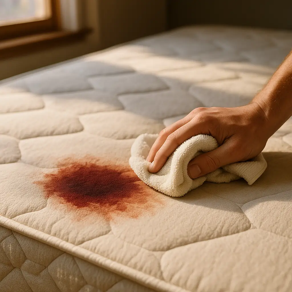 Como tirar mancha de sangue do colchão rápido com mão esfregando pano branco em mancha de sangue no colchão