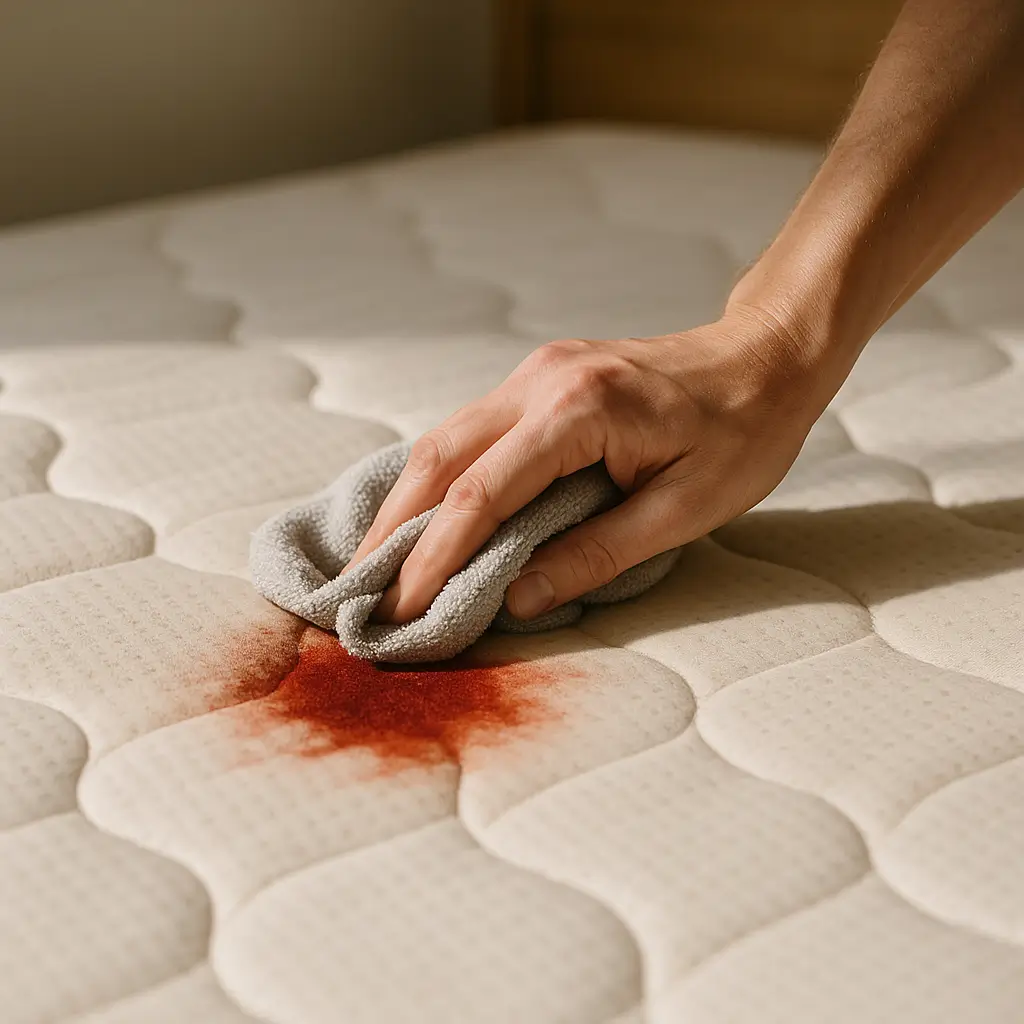 Como tirar mancha de sangue do colchão rápido com mão esfregando pano cinza em mancha de sangue