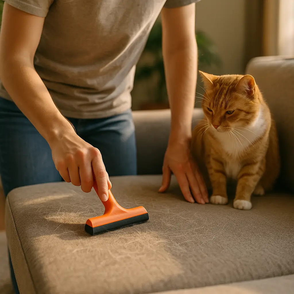 Como tirar pelo de cachorro e gato do sofá rápido e fácil, mão usando escova laranja em sofá claro com gato