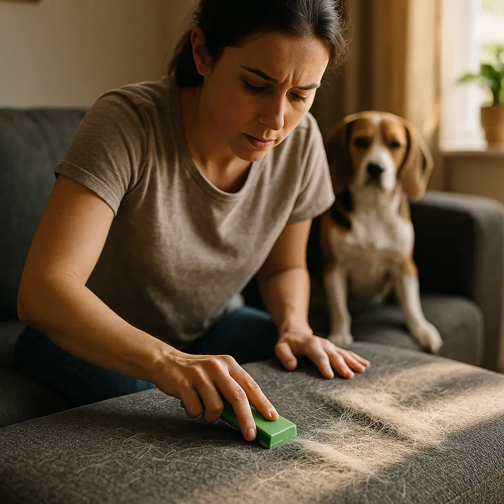 Como tirar pelo de cachorro e gato do sofá rápido e fácil, mulher usando escova removedora em sofá cinza com cachorro ao fundo