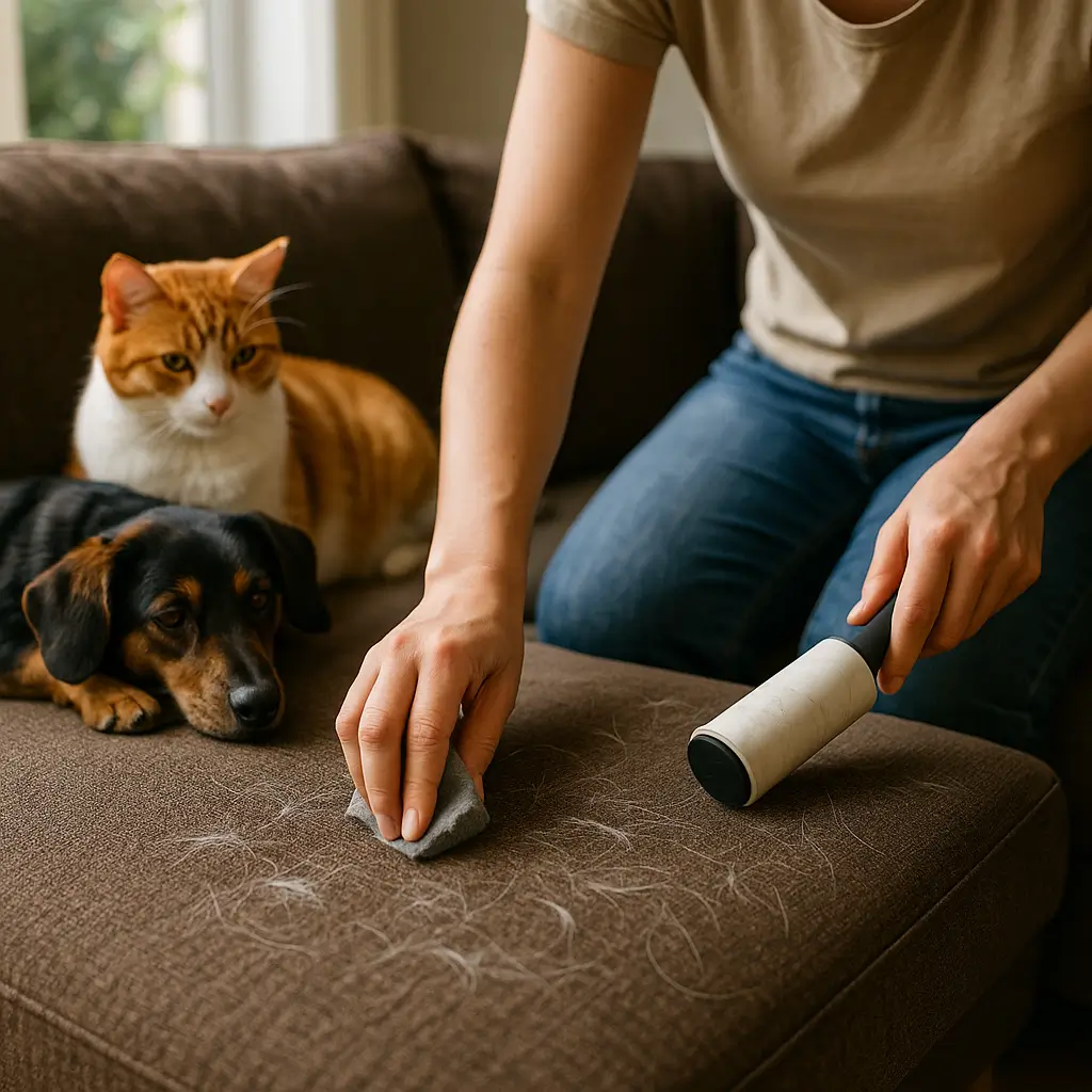 Como tirar pelo de cachorro e gato do sofá rápido e fácil, pessoa usando rolo adesivo e esponja em sofá marrom com cão e gato