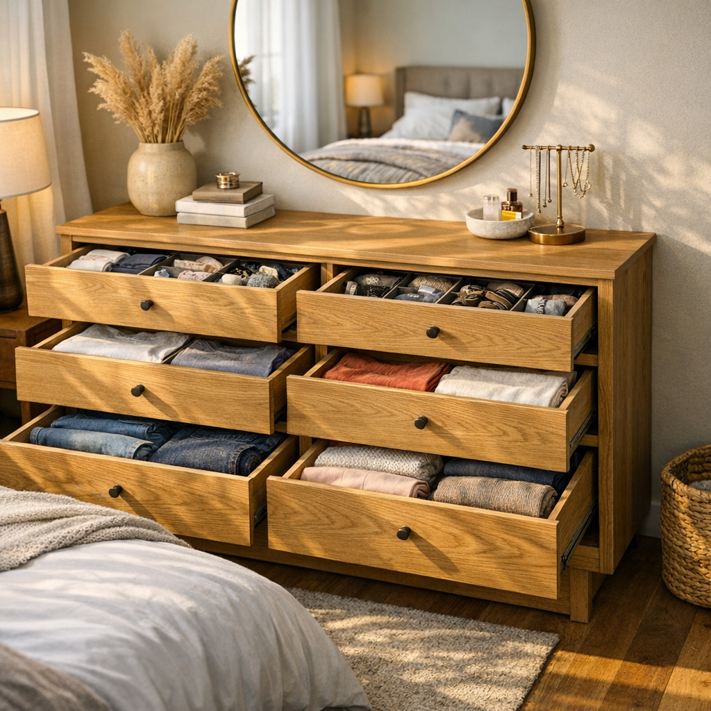 Cômoda no quarto de casal: como organizar tudo com gavetas de madeira abertas, roupas dobradas e espelho redondo