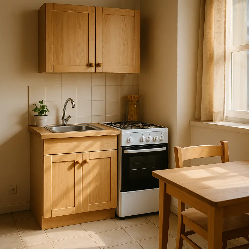 Cozinha pequena simples e barata: o que comprar, com armário de madeira, fogão branco e mesa perto da janela