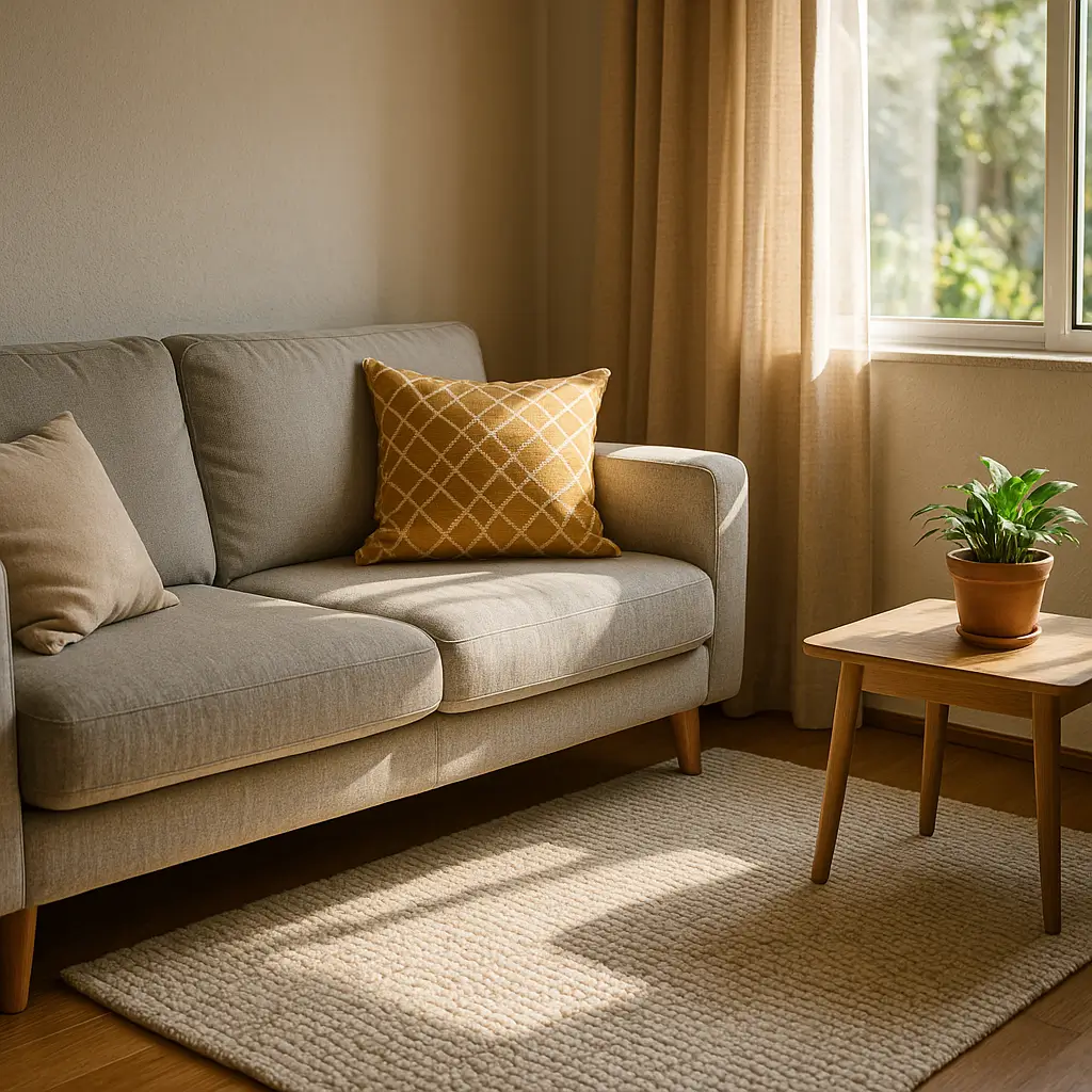 Decoração de sala pequena simples e barata: guia 2025 com sofá cinza, almofada amarela, mesa lateral de madeira e planta
