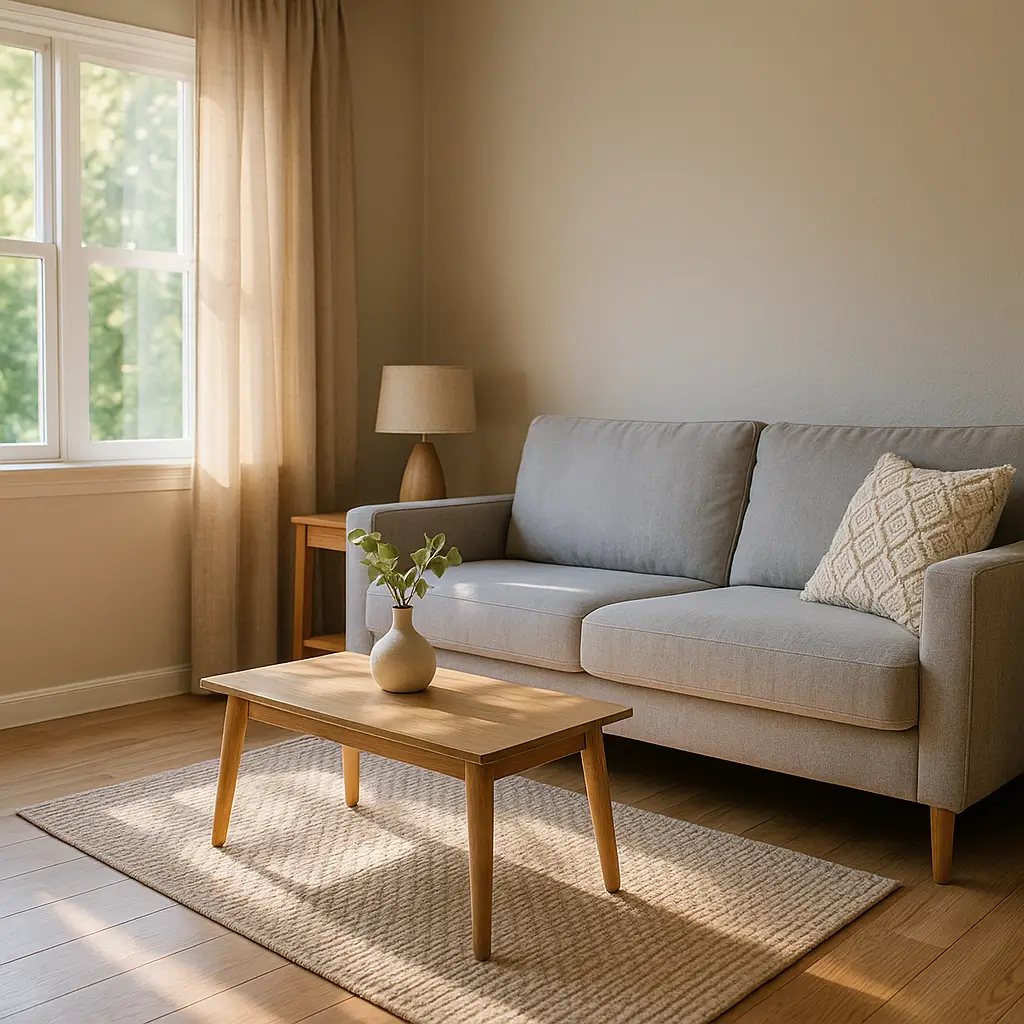 Decoração de sala pequena simples e barata: guia 2025 com sofá cinza, mesa de centro de madeira e tapete claro