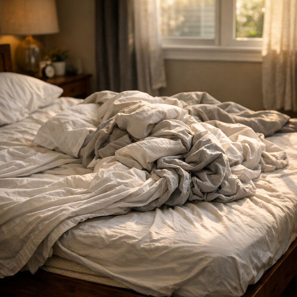 Erros na hora de montar a cama e como evitar, cama desarrumada com lençol amontoado