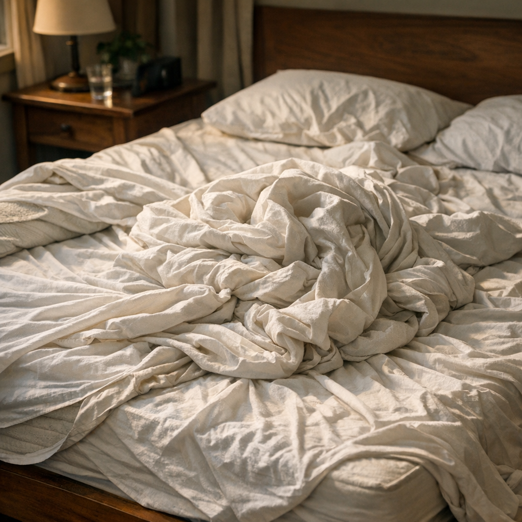 Erros na hora de montar a cama e como evitar, lençol branco embolado sobre cama desarrumada com travesseiros