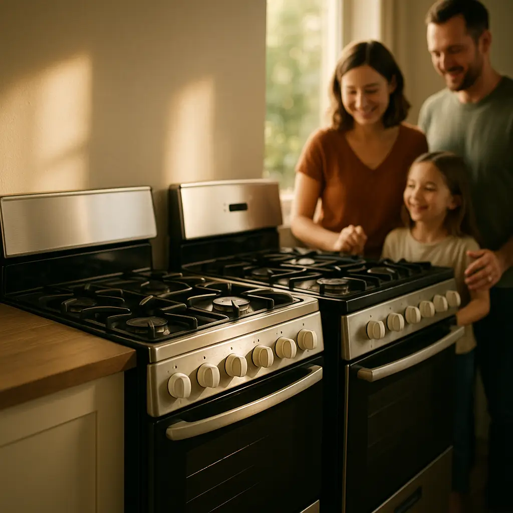 Fogão 4 bocas ou 5 bocas: qual escolher com família avaliando dois fogões na cozinha