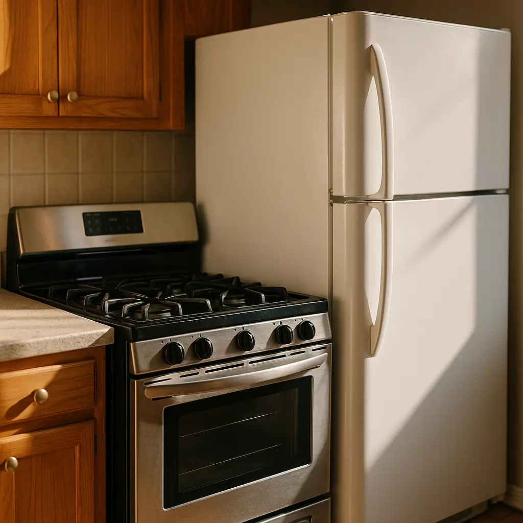 Fogão encostado na geladeira pode: riscos e distância com fogão inox e geladeira branca na cozinha