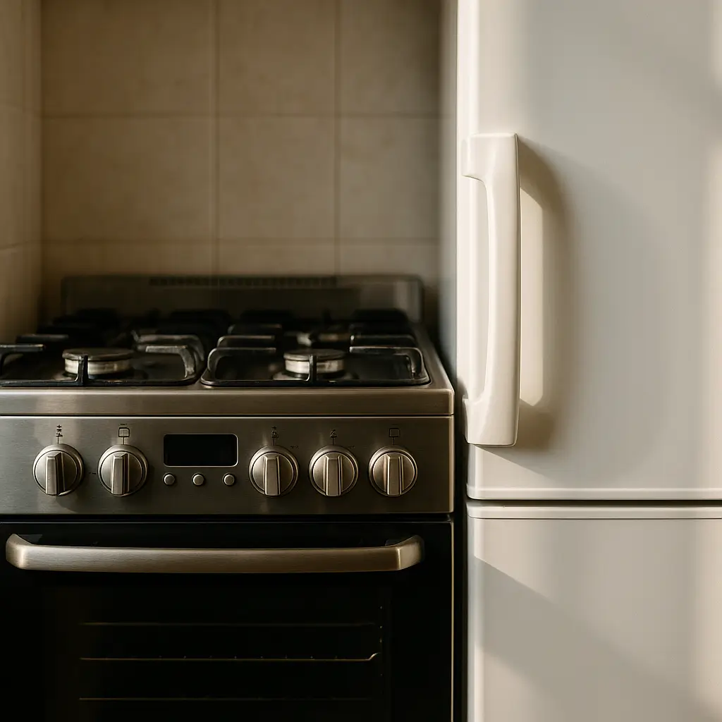 Fogão encostado na geladeira pode: riscos e distância com fogão inox encostado em geladeira branca