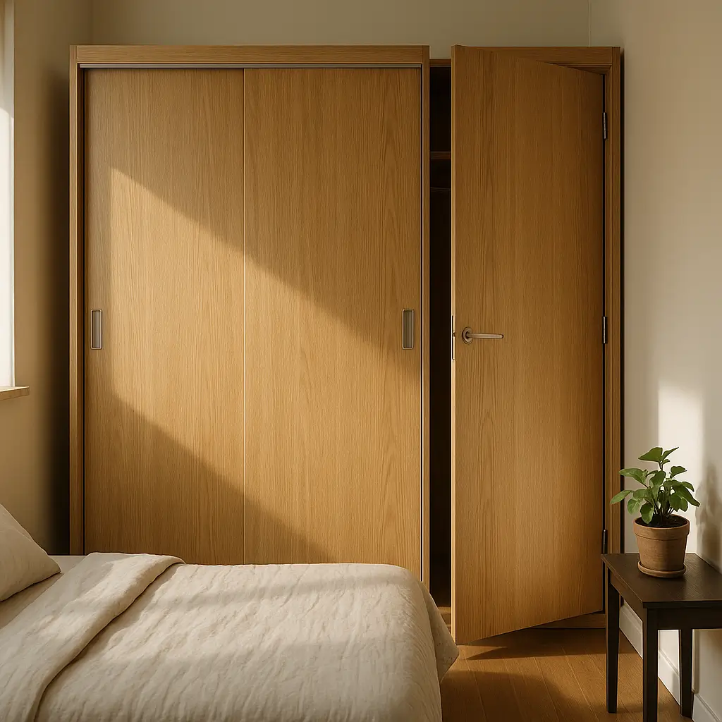 Guarda-roupa com porta de correr ou de abrir: qual melhor ao lado da cama em quarto pequeno