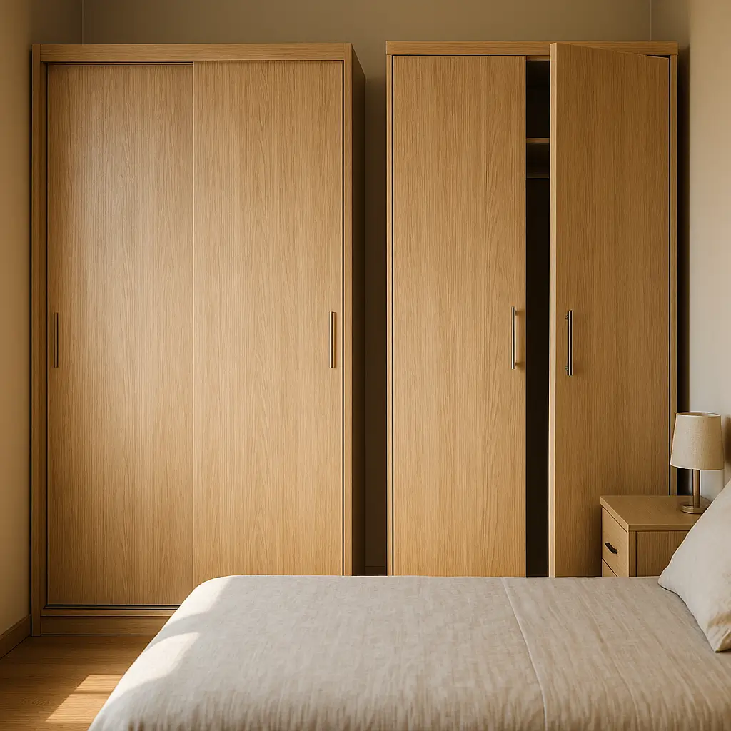 Guarda-roupa com porta de correr ou de abrir: qual melhor em quarto com dois armários de madeira ao lado da cama
