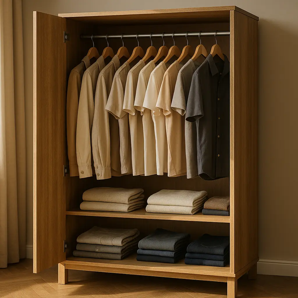 Guarda-roupa de casal barato: como escolher bem guarda-roupa de madeira com porta aberta, camisas penduradas e roupas dobradas nas prateleiras