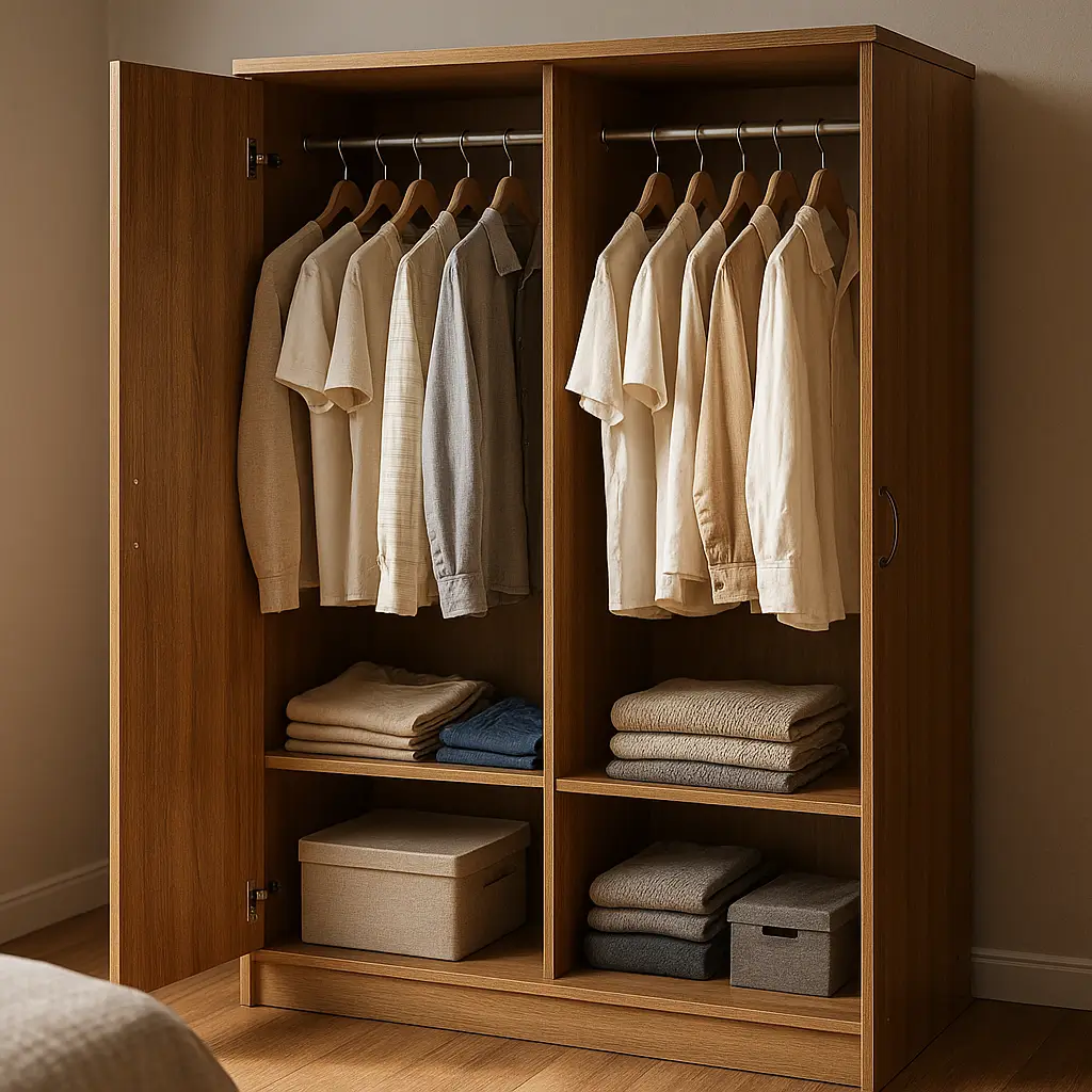 Guarda-roupa de casal barato: como escolher bem guarda-roupa de madeira com portas abertas, roupas penduradas e prateleiras organizadas