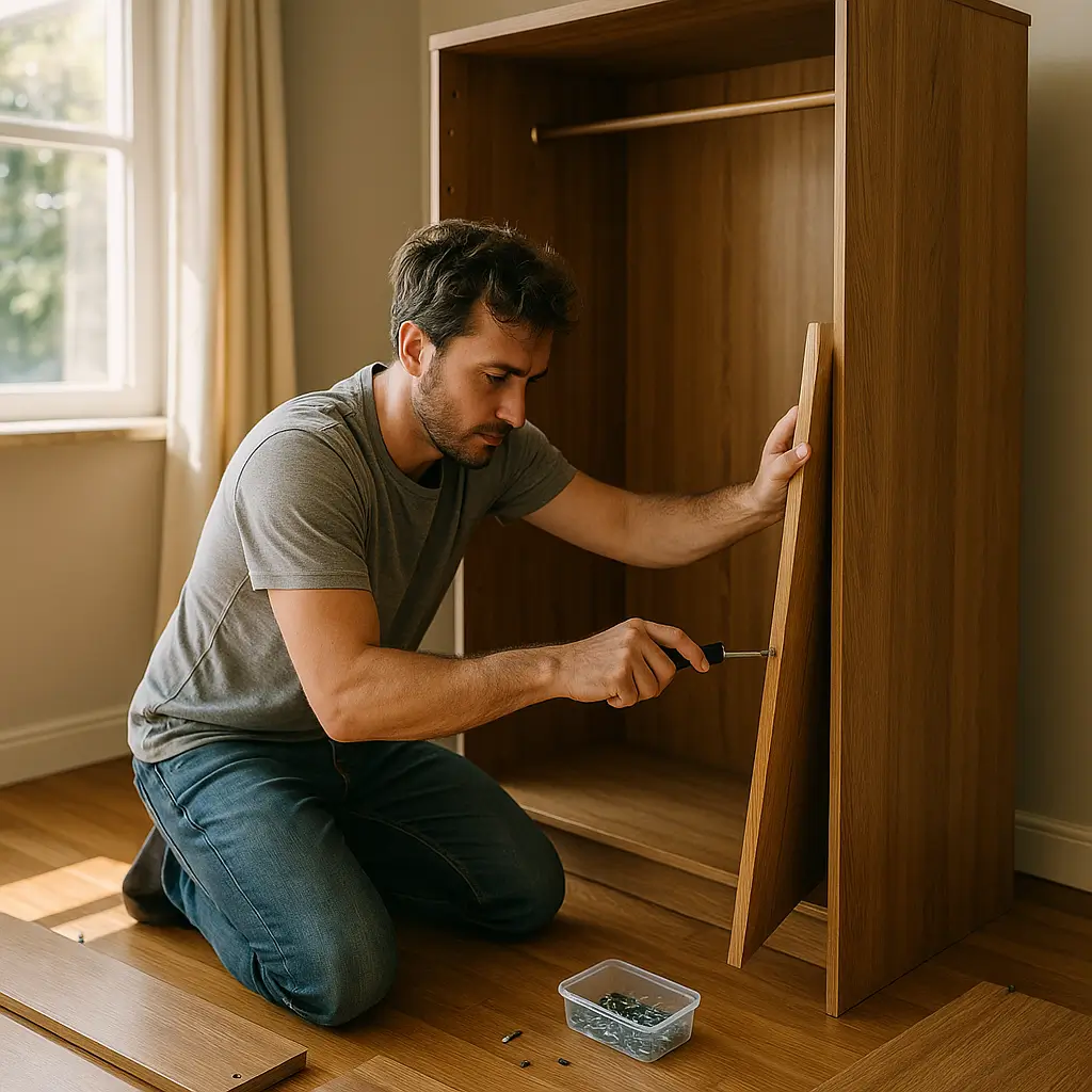 Homem ajoelhado desparafusando lateral de guarda roupa de madeira, como desmontar guarda roupa para mudança - passo a passo simples