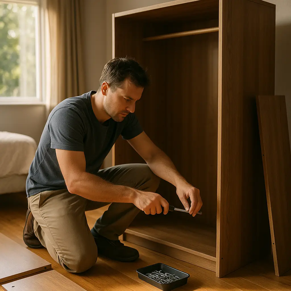 Homem ajoelhado organizando parafusos com chave de fenda diante de guarda roupa de madeira desmontado, Como desmontar guarda roupa para mudança - passo a passo simples