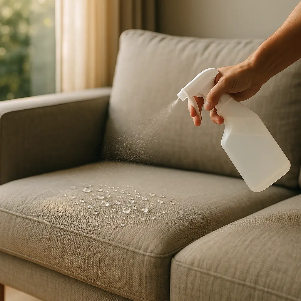 Impermeabilização de sofá vale a pena mesmo, mão borrifando impermeabilizante em sofá com gotas de água