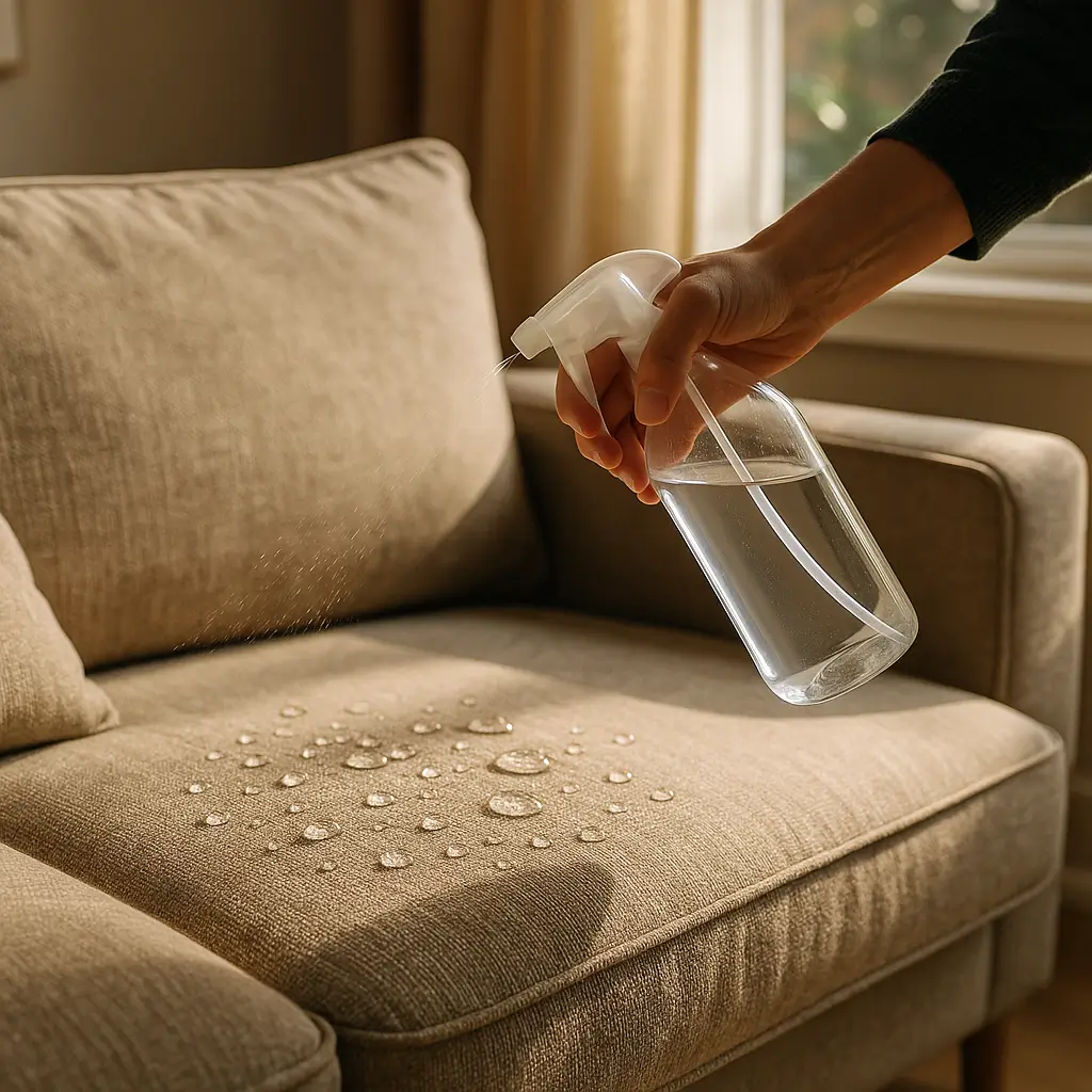 Impermeabilização de sofá vale a pena mesmo, mão borrifando produto em sofá bege com gotas de água