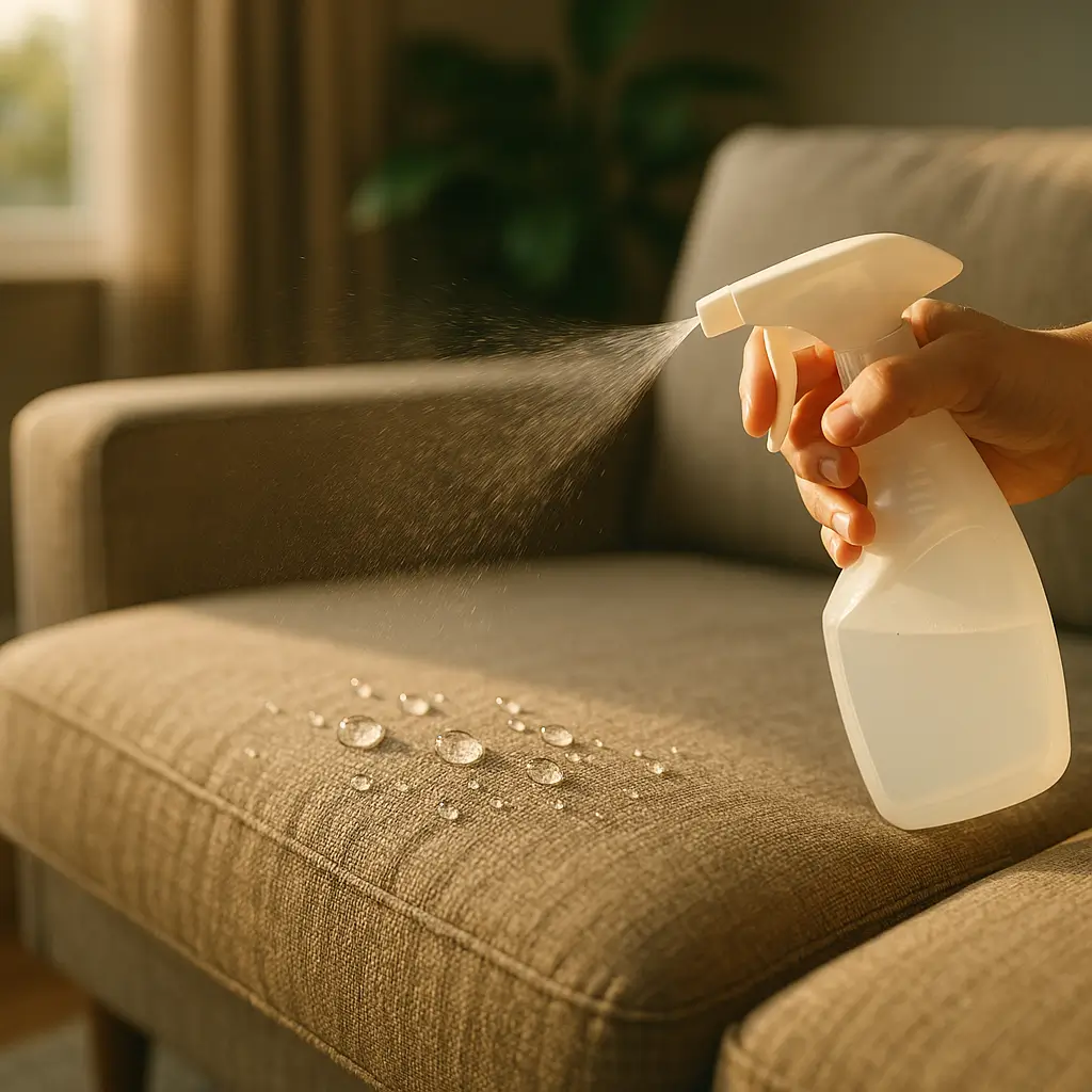 Impermeabilização de sofá vale a pena mesmo, mão borrifando produto impermeabilizante em sofá com gotas de água sobre o tecido