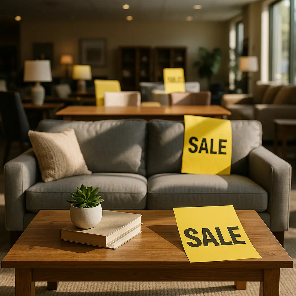 Melhor época do ano para comprar móveis baratos [2025], sofá cinza com mesa de centro em promoção com placas SALE