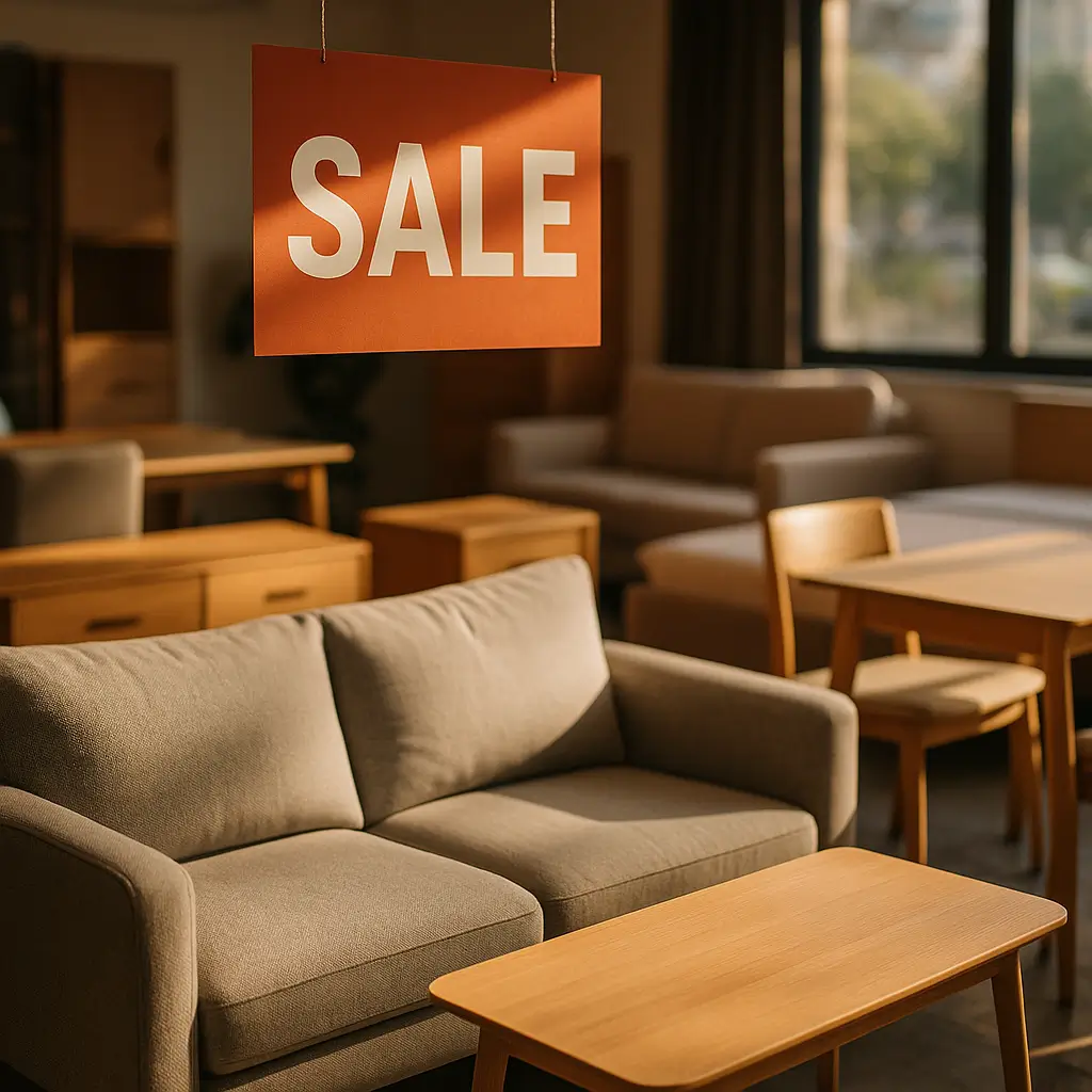 Melhor época do ano para comprar móveis baratos [2025], sofá e mesas de madeira em loja com placa de promoção SALE