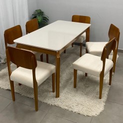 Mesa De Jantar Alegra 160x80cm Com Vidro E 6 Cadeiras Barcelona Em Linho Madeira Jcm 85963