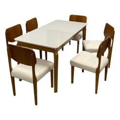 Mesa De Jantar Alegra 160x80cm Com Vidro E 6 Cadeiras Barcelona Em Linho Madeira Jcm Cinamomo Off White Com Tecido Bege 65585