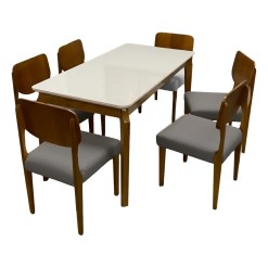 Mesa De Jantar Alegra 160x80cm Com Vidro E 6 Cadeiras Barcelona Em Linho Madeira Jcm Cinamomo Off White Com Tecido Cinza 79516