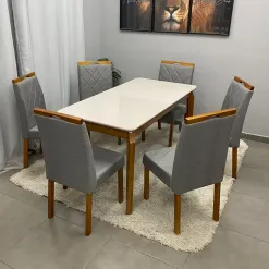 Mesa De Jantar Alegra 160x80cm Com Vidro E 6 Cadeiras California Em Linho Madeira Jcm 63790