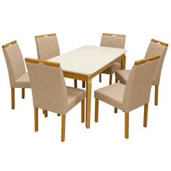 Mesa De Jantar Alegra 160x80cm Com Vidro E 6 Cadeiras California Em Linho Madeira Jcm Cinamomo Off White Com Tecido Bege 66697