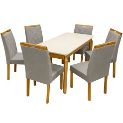 Mesa De Jantar Alegra 160x80cm Com Vidro E 6 Cadeiras California Em Linho Madeira Jcm Cinamomo Off White Com Tecido Cinza 53466