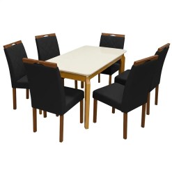Mesa De Jantar Alegra 160x80cm Com Vidro E 6 Cadeiras California Em Veludo Madeira Jcm Cinamomo Off White Com Tecido Preto 45197