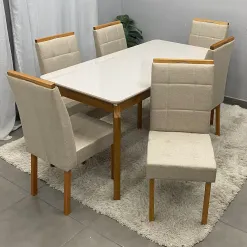 Mesa De Jantar Alegra 160x80cm Com Vidro E 6 Cadeiras Giulia Em Veludo Estofadas Jcm 95276