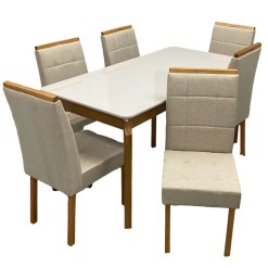 Mesa De Jantar Alegra 160x80cm Com Vidro E 6 Cadeiras Giulia Em Veludo Estofadas Jcm Cinamomo Off White Com Tecido Bege 12602
