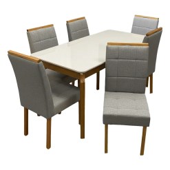 Mesa De Jantar Alegra 160x80cm Com Vidro E 6 Cadeiras Giulia Em Veludo Estofadas Jcm Cinamomo Off White Com Tecido Cinza 96095