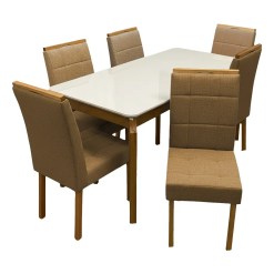 Mesa De Jantar Alegra 160x80cm Com Vidro E 6 Cadeiras Giulia Em Veludo Estofadas Jcm Cinamomo Off White Com Tecido Marrom 15692