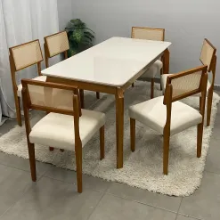 Mesa De Jantar Alegra 160x80cm Com Vidro E 6 Cadeiras Grecia Em Linho Madeira Jcm 41919
