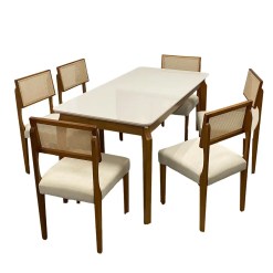 Mesa De Jantar Alegra 160x80cm Com Vidro E 6 Cadeiras Grecia Em Linho Madeira Jcm Cinamomo Off White Com Tecido Bege 61553