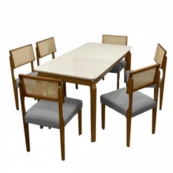 Mesa De Jantar Alegra 160x80cm Com Vidro E 6 Cadeiras Grecia Em Linho Madeira Jcm Cinamomo Off White Com Tecido Cinza 90981
