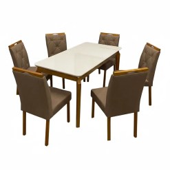 Mesa De Jantar Alegra 160x80cm Com Vidro E 6 Cadeiras Jasmim Em Veludo Estofadas Jcm Cinamomo Off White Com Tecido Marrom 23720